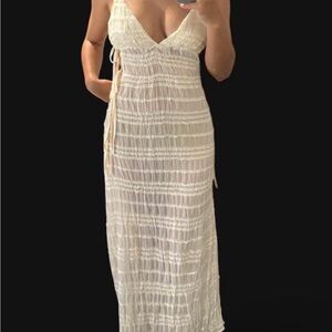 Cream Smocked Maxi Dress with Tie Sides
